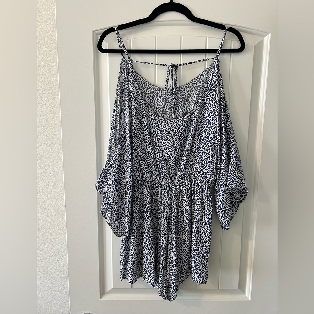 Cinnamon Boho Cold Shoulder Romper Blue White Flowy Large Sleeves